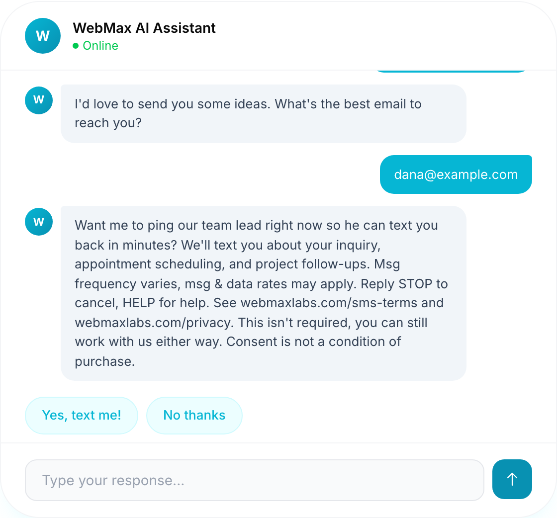 The webmaxlabs.com chat asking for consent to text, showing the full disclosure with Yes, text me! and No thanks buttons