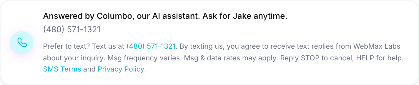 The Prefer to text? line in the webmaxlabs.com contact section, with the text-us disclosure